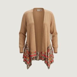 NWT Chicos Scarf Hem Cardigan Sweater Camel Heather Animal Print Sze 3 XL Luxury